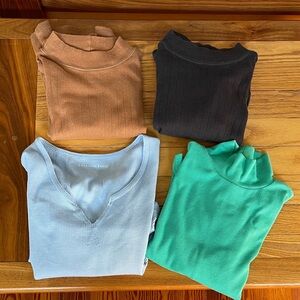 American Eagle Ribbed Long Sleeve Crop Tops XS Mock Neck & V-Neck Bundle LOT Set